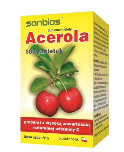 Tabletki acerola naturalna wiatmina C z ekstraktu z owoców aceroli SANBIOS 100 tabl.